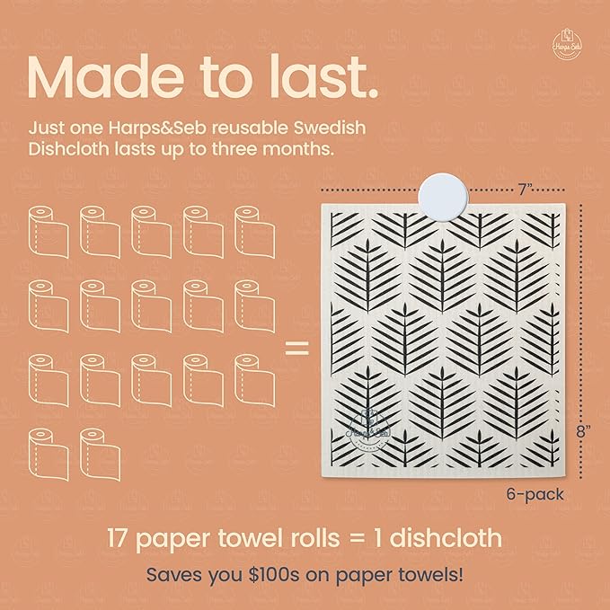 Harps&Seb Swedish Dishcloths for Kitchen Dishcloths - 6 Pack, Reusable Paper Towels with Clips, Super Absorbent Washable Non-Scratch Swedish Dish Towels, No Odor, Biodegradable