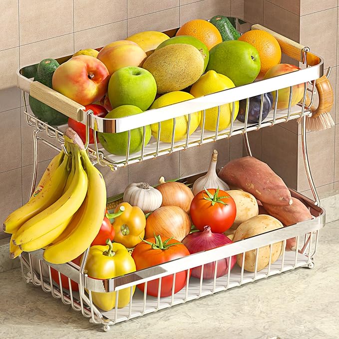 2 Tier Large Fruit Basket for Kitchen Counter with 2 Mobile Banana Hangers, 2026 Pro Detachable Metal Fruit Bowl with Wooden Handle (Silver, 2 Tier)