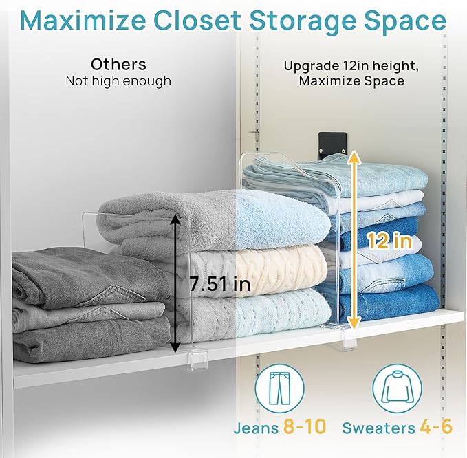 Vtopmart 12 Pack 12in Height Shelf Dividers for Closet Organization, Clear Plastic Closet Shelf Dividers of Upgrade 12in for Maximizing Vertical Space Storage, Organizing Sweater, Jeans, Shirts, Bags
