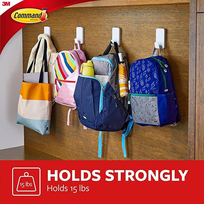 Command 15 Lb XL Heavyweight Wall Hook, Damage Free Hanging Wall Hook with Adhesive Strips, Heavy Duty Single Wall Hook for Hanging Back to School Organizers, 2 White Hooks and 8 Strips
