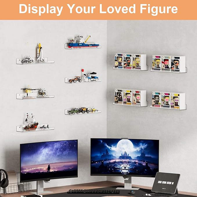 upsimples 10 Pack Acrylic Shelves Wall Organizer and Storage, 15" Display Shelf for Figure, Toy Cars, Perfume, Kids Bookshelf for Bedroom, Nursery, Craft Room, Clear