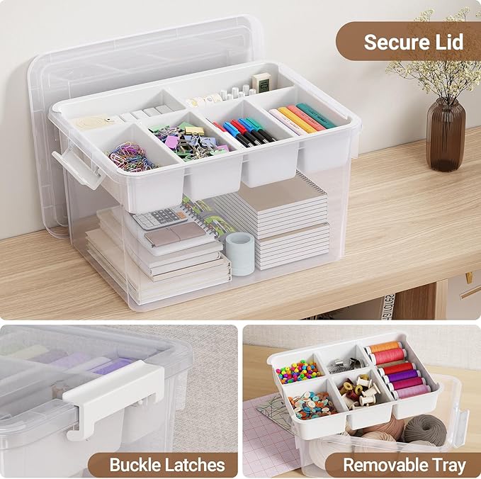 HOMETUK 160Qt Large Stackable Storage Bins with Lids & Trays, Clear Plastic Latching Boxes Organizers with Dividers Portable 40Gal Containers for Arts & Crafts, Home and Car Trunk Organization, 4Pack