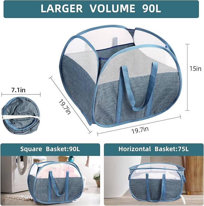 2 Pack Collapsible Laundry Baskets, 90L Large Foldable Laundry Basket, Pop Up Hampers for Laundry, Dirty Clothes Laundry Hamper for Bedroom, Bathroom, Dorm, Laundry Room, Travel or Camping Blue
