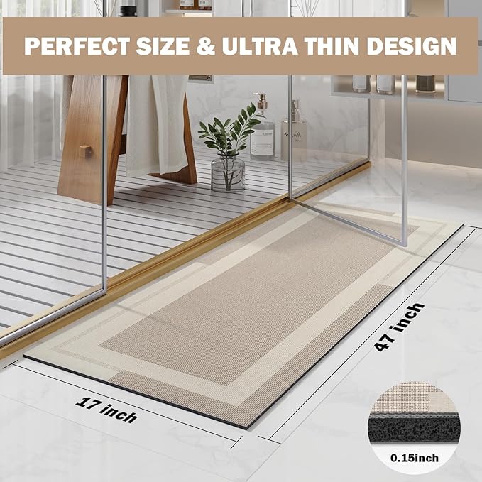 YDKGL Non Slip Long Bath Mat Bathroom Runner, Rubber Backing Ultra Thin Bathroom Rugs Fit Under Door Quick Dry Super Absorbent Washable Bath Rug Shower Mat for Bathtub Sink Floor, Beige 17"x47"