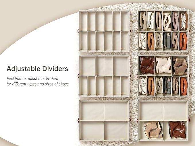 StorageWorks Shoe Organizer for Closet, Fits up to 24 Pairs, 2-Pack Ultra-thick Fabric Under Bed Shoe Storage Containers with Bottom Support and Adjustable Dividers, Taupe