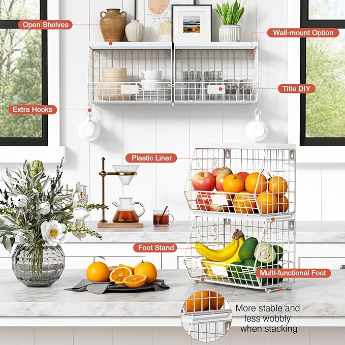 Wall Mount Bathroom Storage Basket, Fruit Produce and Vegetable Baskets for Kitchen Counter, Hanging Wire Storage Basket for Laundry Room Bedroom Closet Pantry Boys Girls Room (White)