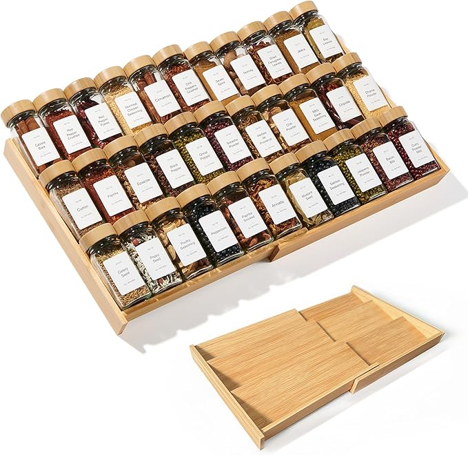 Expandable 3-Tier Bamboo Spice Rack Organizer (12"-21" W, 13.5" D, 3.7" H) Adjustable for Kitchen Drawers, Cabinets, Countertops, Pantry Shelves & Cupboards, No Jars Included