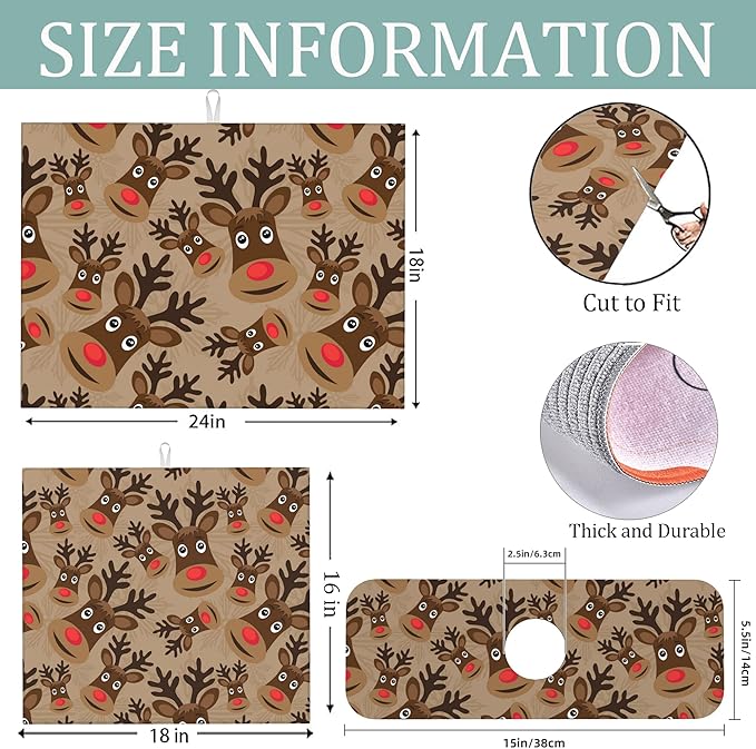 3Pcs Christmas Reindeer Dish Drying Mat & Kitchen Sink Splash Guard Faucet Mat For Kitchen Counter Absorbent Microfiber Dishes Pad Dish Drainer Rack Mats Fast Dry Kitchen Accessories