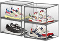 EDS FAM 4 Pack Grey Large Shoe Storage Boxes Clear Plastic Stackable Shoe Display Case with Magnetic Door, Easy Assembly Fit up to US Size 13