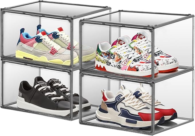 EDS FAM 4 Pack Grey Large Shoe Storage Boxes Clear Plastic Stackable Shoe Display Case with Magnetic Door, Easy Assembly Fit up to US Size 13