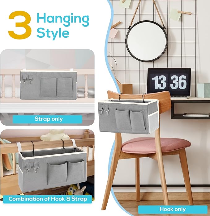 Kanrichu 3pcs Bedside Caddy Hanging Storage Bag, Water Cup Holders, Organizer Baskets with Pockets for Bunk Bed Shelf, Hospital Beds, Loft & Dorm Rooms Accessories (Bedside bag-Grey)
