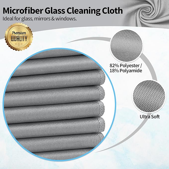 HOMERHYME Microfiber Cleaning Cloth, 12 Pack Window Glasses Cleaning Cloth, Reusable Lint-Free Streak Free Polishing Cloth Wipes for Stainless Steel, Eyeglasses, Mirrors, Screens & Lenses,12"*12" Grey