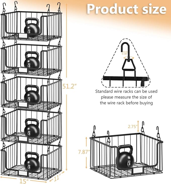 5-Tier Hanging Laundry Room Organizer with Label Cards,Foldable Wire Shelf Basket with 4 Rotating Hooks,Stacked Laundry Basket Organizer,Storage Rack for Laundry Rooms,Closet and Pantry-Black