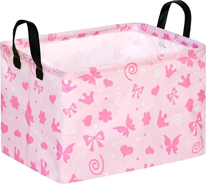 Empty Gift Basket for Girls Heart Print Storage Cube for Women, Closet Shelf Waterproof Organizer Bins with Handles Nursery hamper Kids Toys Books Box Room Deco