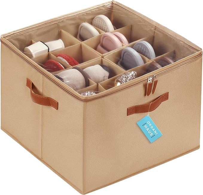 OrganiHaus Shoe Organizer for Closet and Entryway, Fits up to 16 Pairs, Large Shoe Storage Box, Collapsible Shoes Storage Bin, Shoes Container w/Reinforced Handles and Clear Cover - Brown