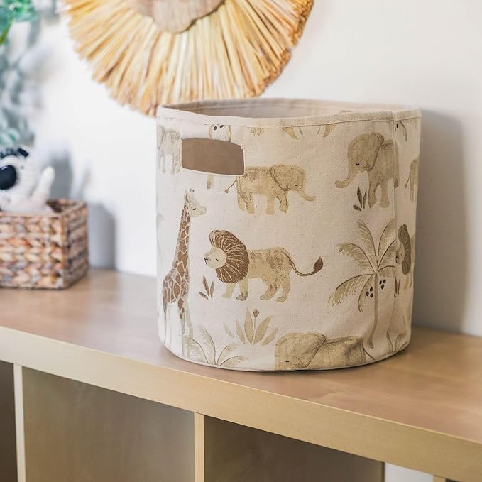 Crane Baby Safari Animal Nursery Storage Basket, Collapsible Fabric Toy Bin, Jungle Themed Organizer for Playroom, Gender Neutral Decor Safari Animal 13 x 12 Inches