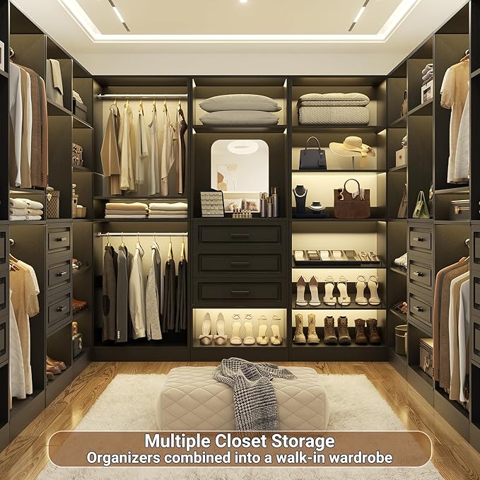 Unikito Modular Closet System with 3 Sets, 75”Closet Organizer System With Drawers, Mirror, Hanging Rods and Adjustable Shelves, Freestanding Wood Wardrobe Garment Rack, Walk in Closet Tower, Black