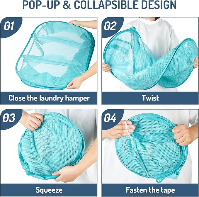 Mesh Popup Laundry Hamper 3 Compartment Sortable Horizontal Collapsible Laundry Basket for Clothes Laundry Room Bedroom Toys Travel (Turquoise Blue)
