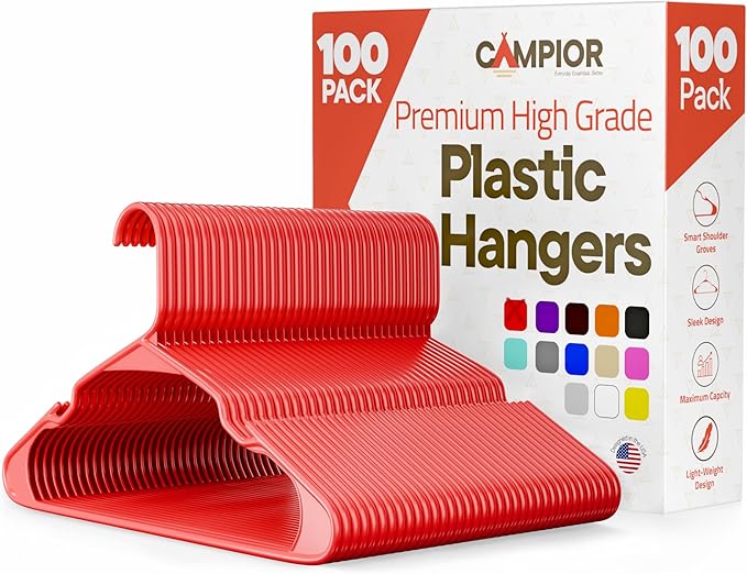 Plastic Clothes Hangers – Heavy Duty Hanger Set, for Organizing Clothes, Dresses, and Coat, Holds Up to 5 lbs, Space-Saving Hangers with Non-Slip Shoulder Grooves, Pack of 100, Red