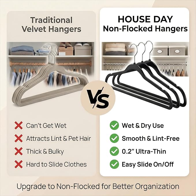 HOUSE DAY Black Plastic Hangers 20 Pack - Heavy Duty Non-Velvet Hangers with 360° Swivel Chrome Hook & Non Slip Notches - Slim Space Saving Clothes Hangers Ideal for Dresses Coats Shirts Jackets