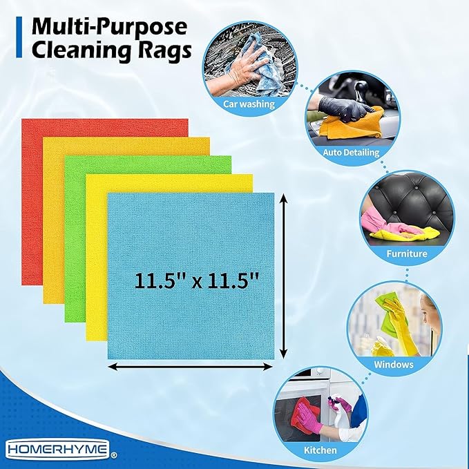 HOMERHYME Microfiber Towels for Cars, 24 Pack Microfiber Cleaning Cloths, 11.5"*11.5" Cleaning Rags Towels Bulk Absorbent Lint-Free, All-Purpose for Detailing, Office, Household Cleaning