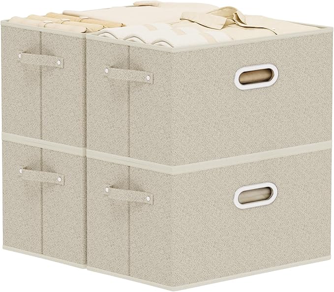 Open Storage Baskets, Collapsible Cube Bins, Fabric Container Organizer with Metal Handles, Boxes for Shelves, Closet, Living Room, 15x9.8x9.8in, Grey and Beige, 4 Pack