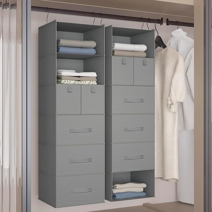 6-Shelves Hanging Closet Organizer with 5 Different Drawers, Foldable Closet Organizers and Storage for Wardrobe, Closet& RV, Clothes and Accessories Storage, Non-Woven Fabric, Gray