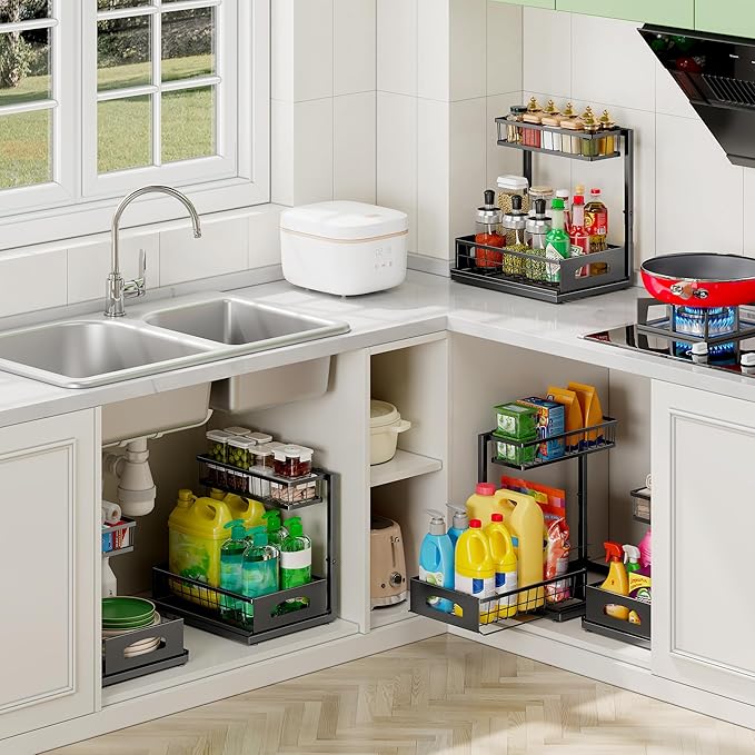 Under Sink Organizer , 2 Pack Height Adjustable Cabinet Organizer with Slide Out Drawer, Pull Out Under Sink Storage, Multi-Purpose 2 Tier Sink Shelves for Kitchen Bathroom Pantry (Black, 2 Pack)