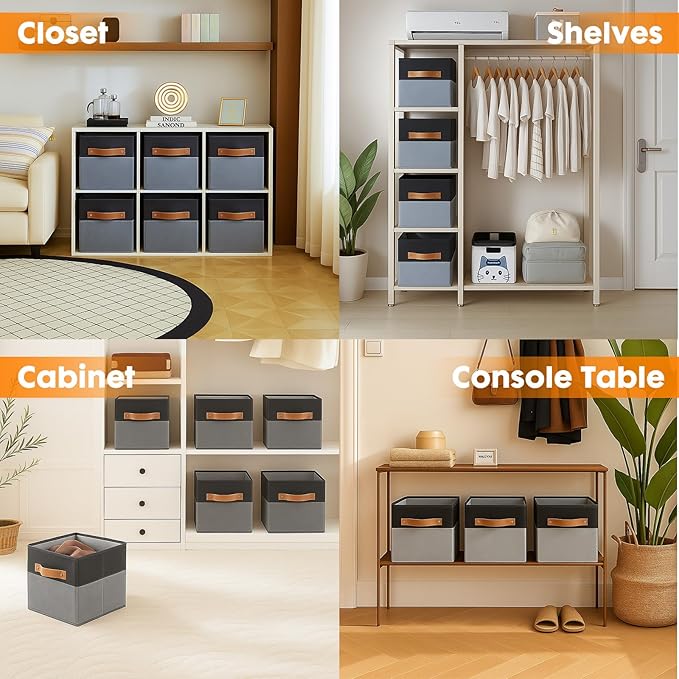 ShellKingdom Storage Bins, Two-Tone Foldable Fabric Storage Cubes with Leather Handle for Closet Toys Clothes Storage Organizer Drawer, 10.5 X 10.5 X 11 inch, 2 Pack (Black/Grey)