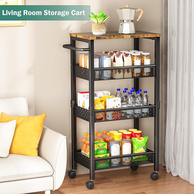 Utility Slim Storage Cart with Wheels, 4-Tier Narrow Rolling Organizer Shelf with Wood Top, Metal Storage Rack and Space-Saving Organizer for Bathroom, Kitchen, Laundry Room, Small Spaces