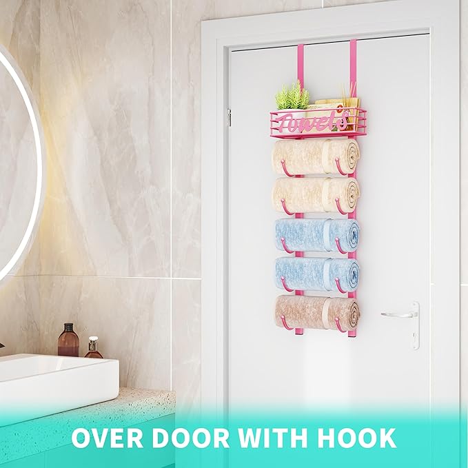 HapiRm Towel Racks for Bathroom Storage - 6 Tier Over The Door & Wall Mount Rolled Towel Storage Organizer Holder with Metal Shelf Basket for Small Bathroom, Camper, Rv - Pink, Patented