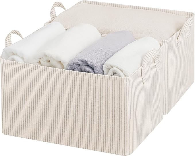 StorageWorks Storage Bins, Fabric Storage Bins for Shelves, Extra Large Storage Baskets with Metal Frame, Closet Baskets and Bins with Handles, Jumbo, Khaki and Beige Stripes, 2-Pack