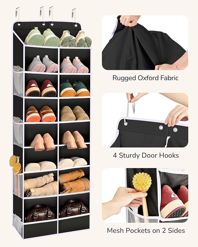 ULG Over The Door Shoe Organizer with 16 Large Pockets, Hanging Shoe Rack for Closet Door, Space Saving Shoe Storage for Boots, Heels & Sneakers, Black