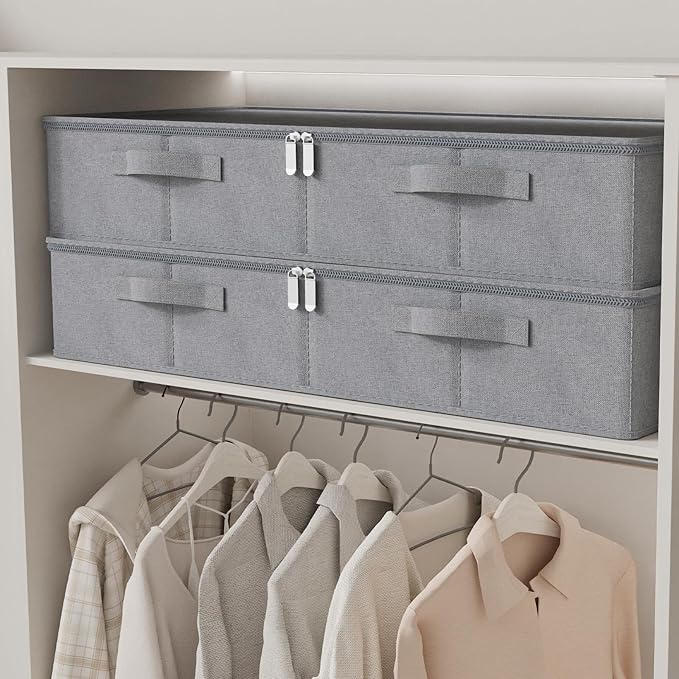 Underbed Storage Box, Foldable Under Bed Bins Container, Organizer Baskets with Lid for Organizing Clothes, Sheets, Pillows, Comforter, 31.4x15.7x5.9in, Grey, 3 Pack