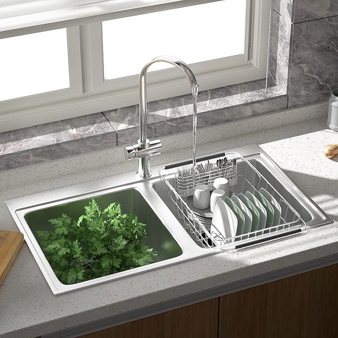 JAQ Dish Drainer in Sink Adjustable 14.96" to 22.44", Expandable 304 Stainless Steel Metal Dish Drying Rack Organizer with Stainless Steel Utensil Holder Over Inside Sink Counter