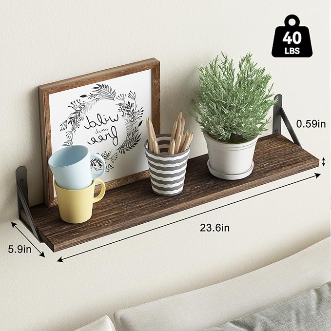 YGEOMER 23.6 Inch Floating Shelves for Wall, Farmhouse Wall Shelves for Bedroom, Bathroom Storage, Living Room and Kitchen Decor (Set of 6 Brown)
