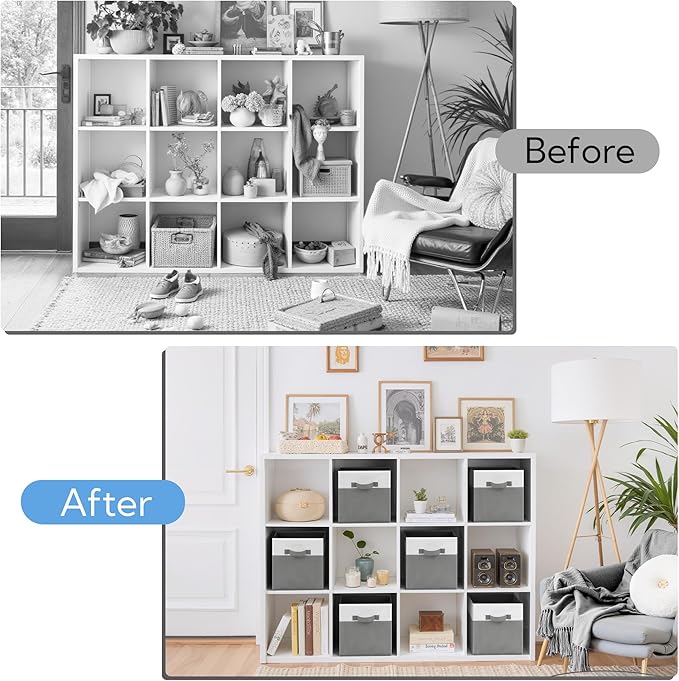 Cupic Cupid 11 Inch Storage Cube, Fabric Cube Storage Bin with Handles, Storage Cube Organizer for Clothes and Toys, Collapsible Cube Bins for Closet, Shelves, Nursery, 6-Pack, Gray and White