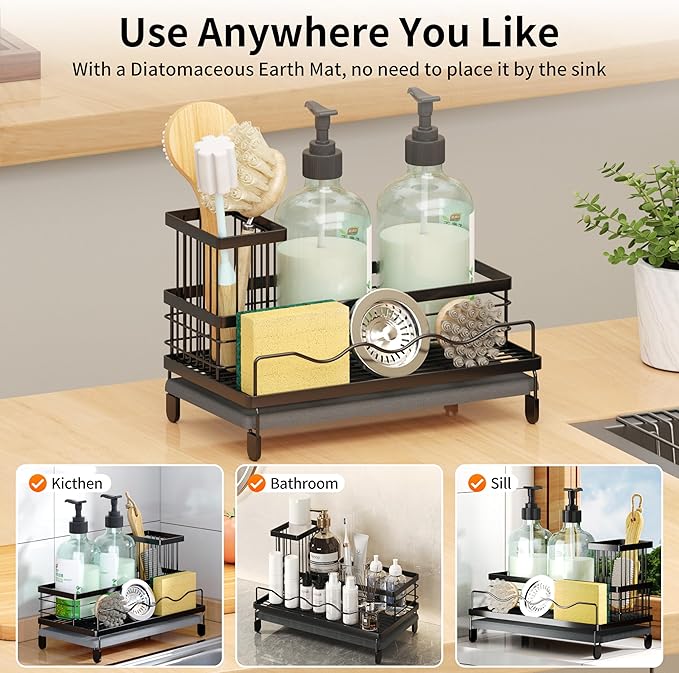 Sink Caddy, Kitchen Sink Organizer with Sponge Holder and Stone Drying Mat, Quick Drying, Stainless Steel Kitchen Caddy Organizer for Sponges, Brushes & Soap