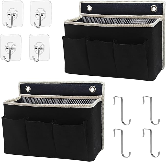 Someteth 2-Pack Wall Hanging Organizer Bag/Hanging Baskets with Large Mesh Compartment & 3 Pockets，Over the Door Organizer Space Saving Storage for Bedroom,RV Camper, Closet (Black - 2 Pack)