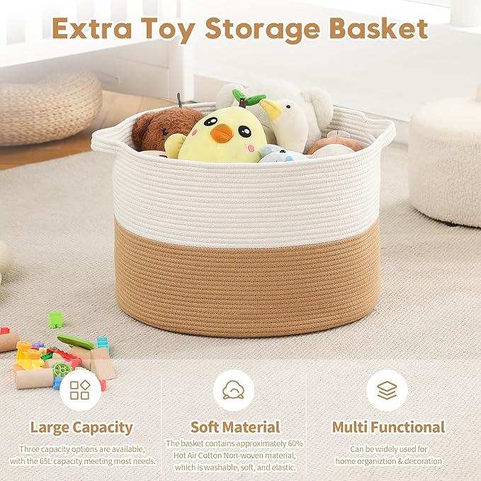 Foldable Laundry Hamper Basket with Collapsible Handle Cotton Rope Soft Woven Fabric Storage Organizer Clothes Toys Nursery Bedroom Dorm Space Saving Bin (White & Camel, 65L(19.7"D x 12.6"H))