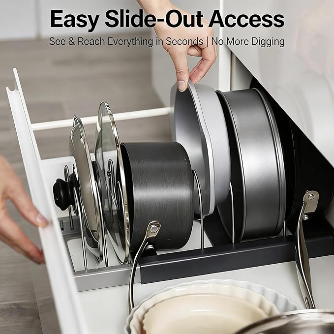 Pots and Pans Organizer for Cabinet Expandable12~22" Pot Lids Organizer Holder with 7 Adjustable Dividers Space-Saving Kitchen Organization Rack for Baking Pans, Cookware & Cutting Boards