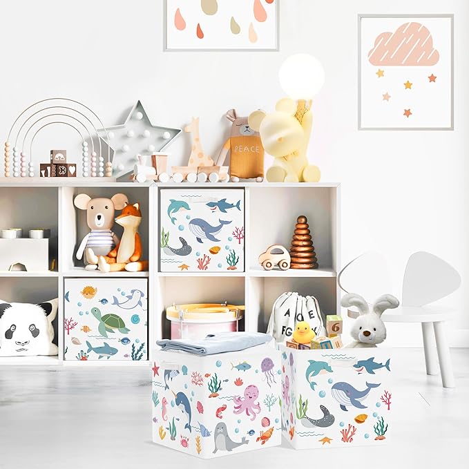 Clastyle Ocean Animals Storage Cube Organizer Set Handle Closet Clothes Cube with Metal Frame Foldable Parents Organizer Storage Basket for Book Toy,White,11.8x11.8x11.8 in