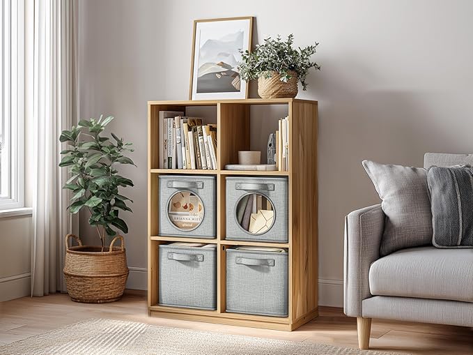 Vailando Foldable Fabric Storage Cube with Round Window - 4 Pack 13"x13"x13" Collapsible Closet Organizer Bins for Clothes, Shelves, Offices, Toys & Misc, Light Gray