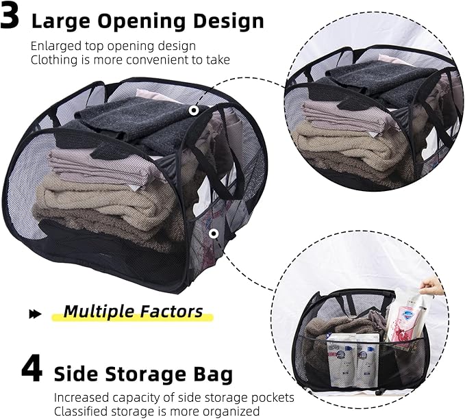 Collapsible Laundry Basket, 90L Foldable Pop-up Laundry Hamper with Handles, Mesh Dirty Clothes Hamper for Laundry, Bathroom, Kids Room, Dorm,Travel or Camping (Black, 2PCS)