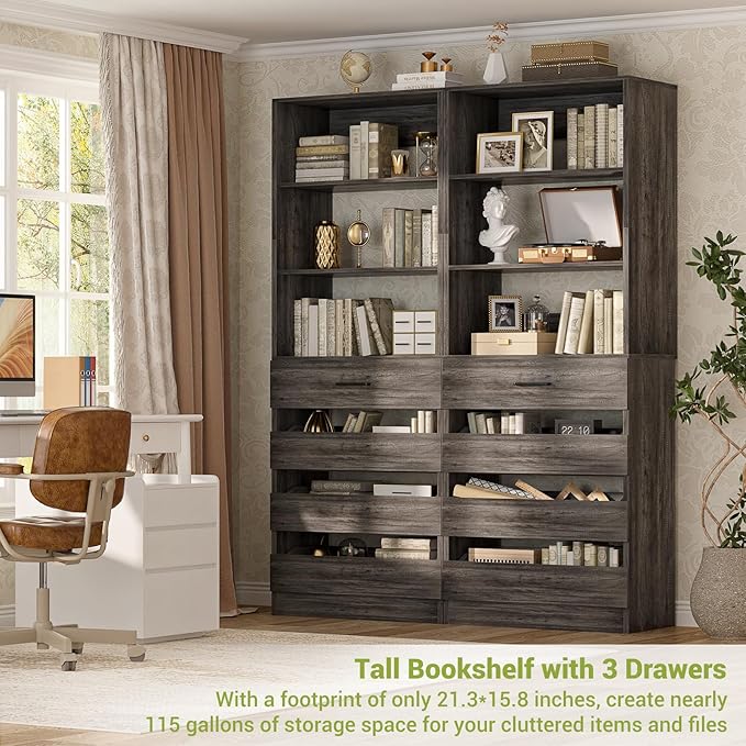 Aheaplus 21.3" Closet System with 4 Drawers, Wood Closet Organizer with Open Shelves, Modular Drawers System Tower, Walk-in Small Wardrobe Rack, Tall Storage Cabinet Unit, Black Oak