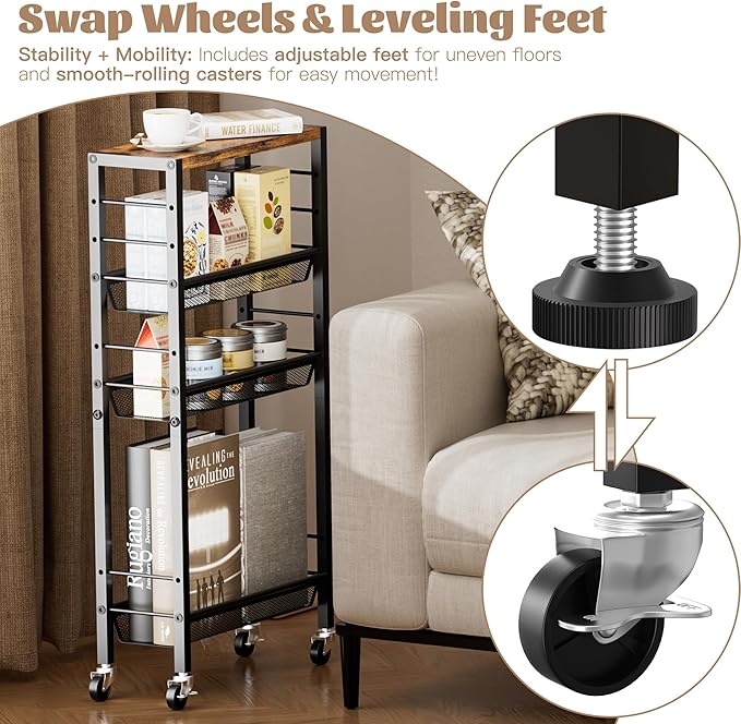 Narrow Storage Cart with Wheels,4-Tier Narrow Kitchen Carts Slim Rolling Cart,Skinny Storage Cart for Small Spaces,Rolling Utility Cart for Livingroom,Diningroom,Office,Laundry Room,Bathroom