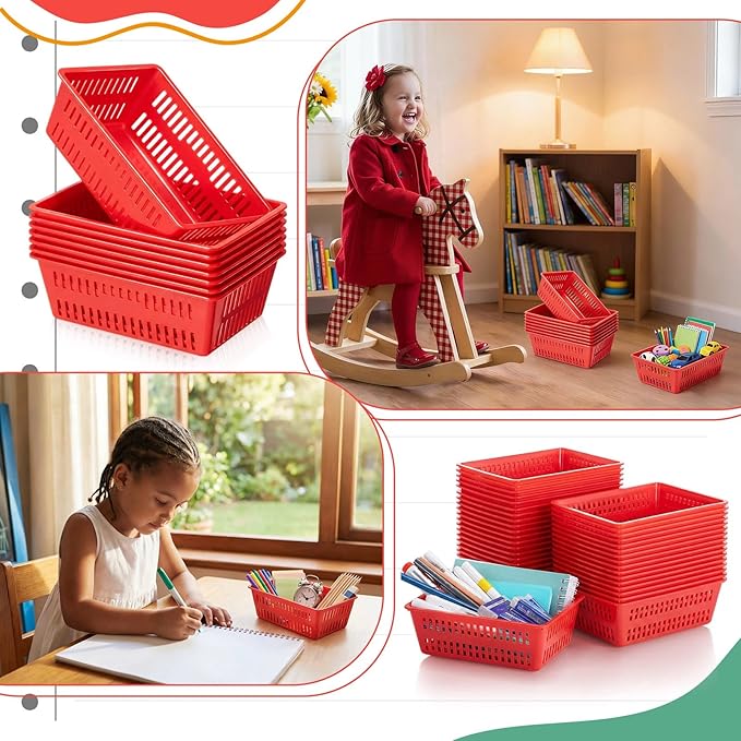 Sherr 36 Pack Classroom Storage Basket Small Plastic Basket for Organizing Crayon Pencil Container Storage Bin Tray Holder for Paper Shelf Back to School Office Supply 6.1" l x 4.3" w x 2.4" h(Red)