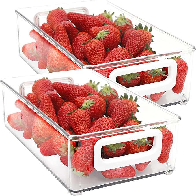Youngever 2 Pack Stackable Plastic Storage Organizer Container Bin, Stackable Storage Bins with Handler for Refrigerator, Pantry (10" x 6" x 3")