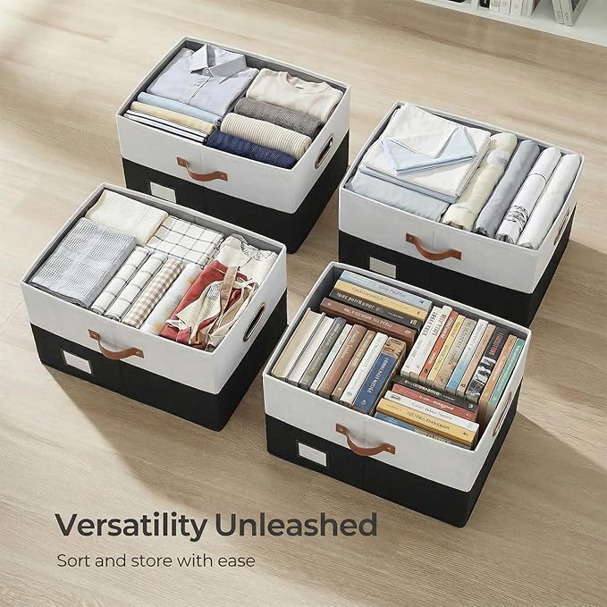 PRANDOM Storage Bins with Lids [3-Pack] Linen Fabric Foldable Storage Boxes Organizer Containers Baskets Cube with Cover for Bedroom Closet Office Grey&Black (23.4X15.9X11.4)