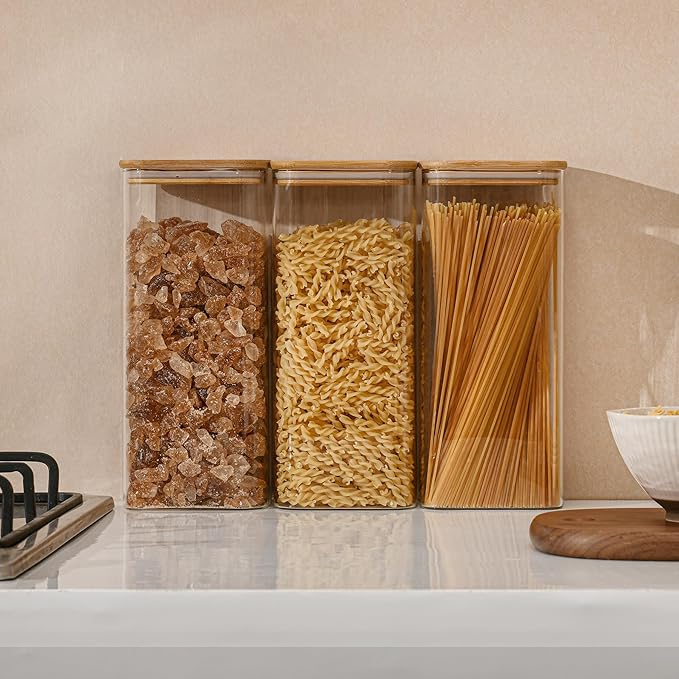 D2scrma 71oz Rectangle Airtight Glass Storage Containers with Bamboo Lids (Set of 4), Square Food Storage Jar, Pantry Organizers for Sugar, Flour, Spaghetti and Coffee beans (‎with Black Lable)